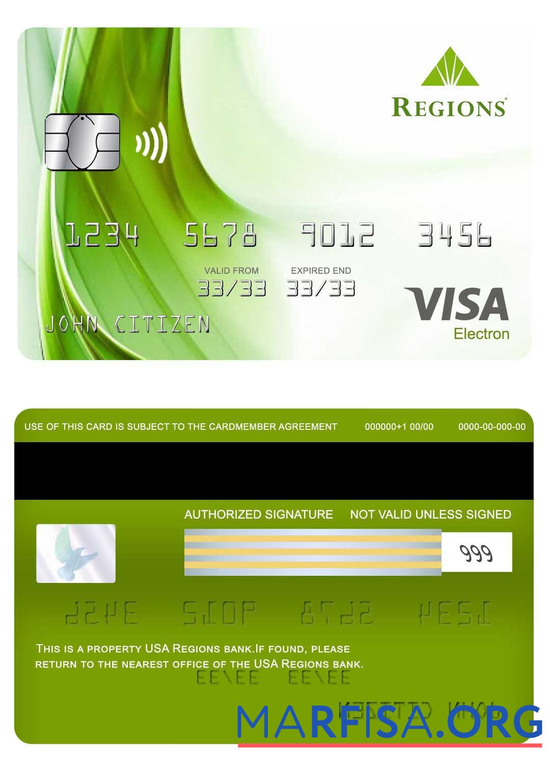 Blank USA Regions bank visa electron card template
